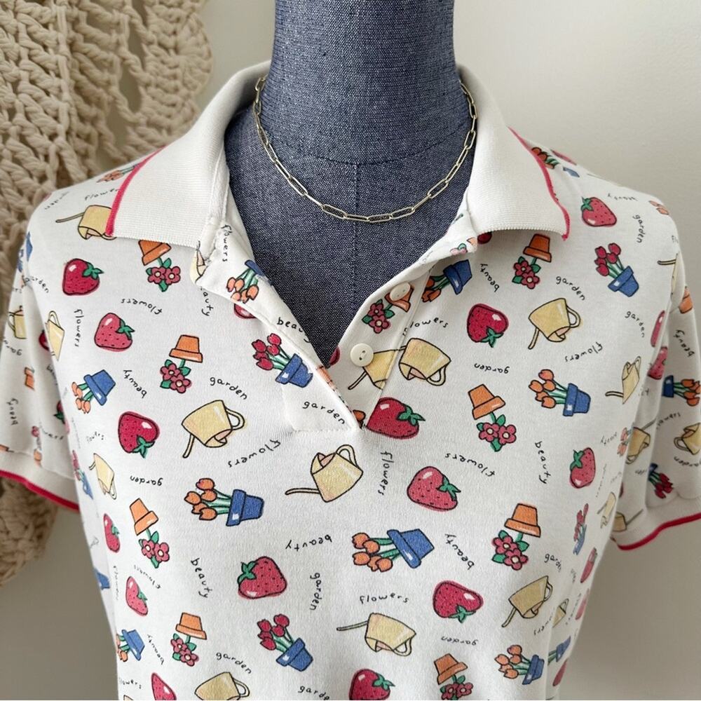 Vintage 90s Gardening Novelty Whimsical Cottage Polo Shirt Large - Picture 3 of 4